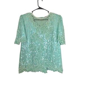Creative Touch Vintage Silk Beaded Sequin Blouse Seafoam Green Floral Scalloped